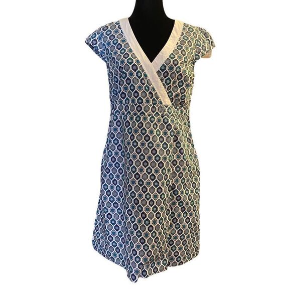 Tommy Hilfiger White and‎ Blue Geometric Shapes  Faux Wrap Dress - Picture 1 of 14